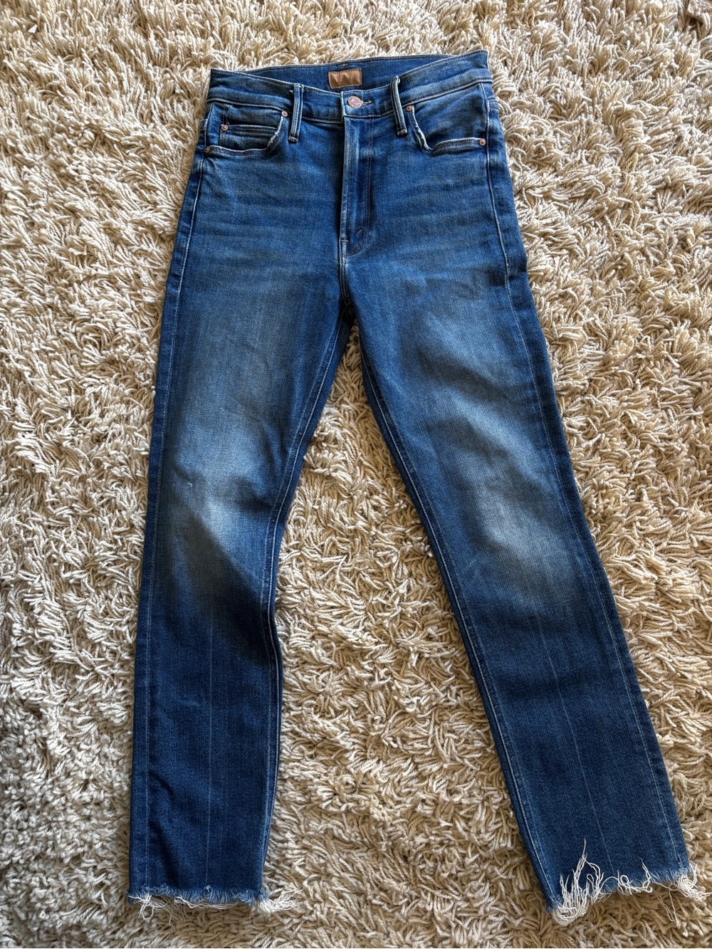 Mother Womenβs 26 mid raise dazzler Blue Straight Jeans frayed hem worn once